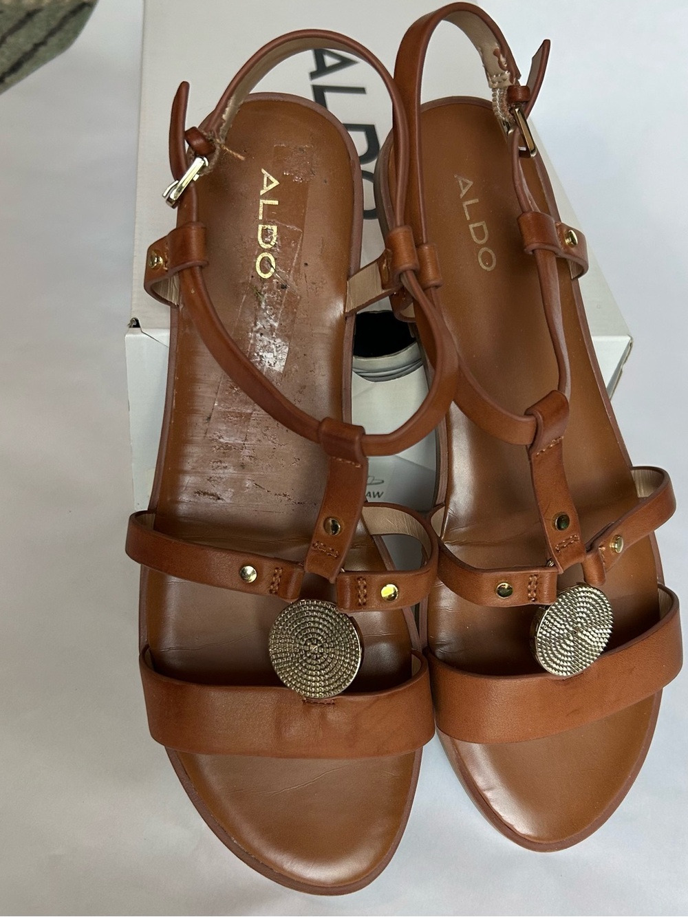 ALDO Women’s Tan Leather T-Strap Sandals